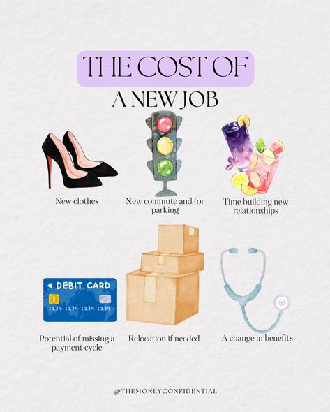 First, let me just say.. I’m all about new jobs + having a better opportunity. But, New jobs can be both exciting and nerve-wracking 😬 There’s the plus of (hopefully) having a higher income or a better opportunity to earn more money 💰 But also the whole, “I’m the new girl/guy” thing. Whatever it was that made you get a new job, here are some potential costs: 1️⃣ New clothes Maybe your new office has a certain dress code. Or maybe you use a new job as a chance to refresh your work att... Preparing For New Job, First Corporate Job, First Day New Job, Investing Tips, Work Tips, New Jobs, Job Interview Tips, Personal Improvement, Higher Income