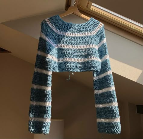 Striped Mesh Crochet Sweater, Crochet Sweater Striped, Crochet Sweater Aesthetic, Raglan Sweater Crochet, Raglan Crochet Sweater, Crochet Striped Sweater, Crochet Raglan Sweater, Crochet Mesh Sweater, Blue Crochet Sweater