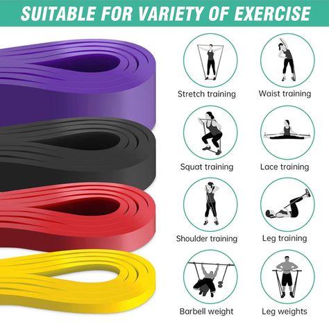 Useful for a variety of exercises. 
Purple 60-100 pounds
Black 30-60 pounds
Red 15-30 pounds
Yellow 5-10 pounds Leg Training, Resistance Band Set, Resistance Workout, Home Workout Equipment, Strength Training Equipment, Resistance Band Exercises, Muscle Training, Stretch Band, Resistance Training