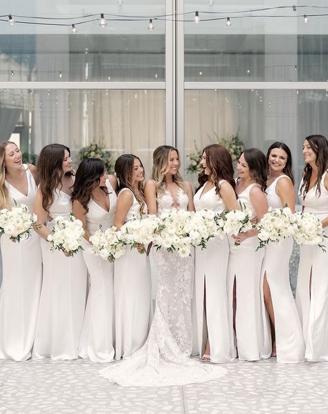 15 best white bridesmaids dresses for 2024 White Wedding Party Bridesmaid, All White Bridal Party Bridesmaids, Bridesmaids White Dresses, White Satin Bridesmaid Dresses, Bridesmaids Wearing White, White Bridesmaid Dresses With Bride, White Bridesmaids Dress, White Bridesmaid Dresses Mismatched, Bridesmaid White Dresses