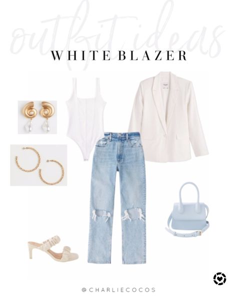 White Blazer Jeans Outfit, White Blazer Outfit Photoshoot, White Blazer With Jeans Outfit, White Belted Blazer Outfit, White Blazer Crop Top Outfit, Crop White Blazer Outfit, White Blazer Jean Shorts Outfit, How To Style A White Blazer, Blazer Jeans Outfit Women