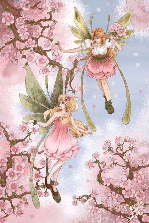 My little sister had a choice to what I would draw next. She wanted pink flower faires. So here she has them, pink pixies Rose Strawberry, Cherry Blossom Girl, Fairy Paintings, Fairy Dragon, Vintage Fairy, Roses Flower, Fairy Artwork, Love Fairy, Vintage Fairies