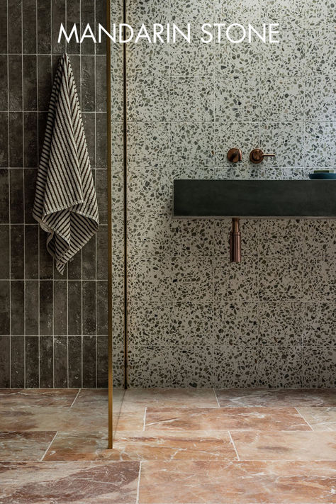 Be bold in your bathroom design with our collection of real terrazzo tiles from Mandarin Stone. From soft monochromes to delicate pinks and striking black and white designs that makes a statement for your bathroom walls, there's something to suit every style. Discover our timeless range of terrazzo tiles online today or visit one of our 16 UK showrooms to experience the beauty of our tiles in person. Tiles pictured: Rosso Tumbled Marble & Terrazzo Green Honed Terrazzo Bathroom Tiles, Large Terrazzo, Recycled Marble, Green Chips, Terrazzo Floor Tiles, Terrazzo Wall, Terrazzo Bathroom, Muted Sage, Mandarin Stone