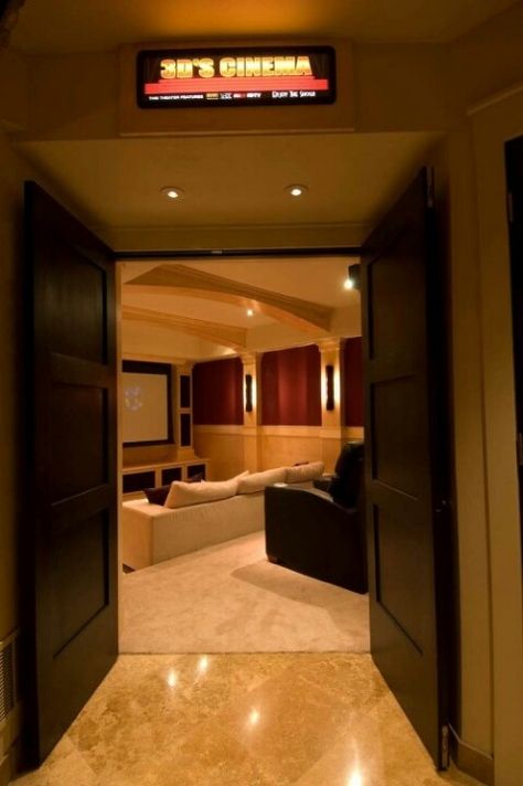 Love the double doors Theatre Rooms, Basements Ideas, Basement Theater, Cinema Ideas, Theatre Room Ideas, Movie Theater Rooms, Home Theater Room Design, Theater Room Design, Home Cinema Room