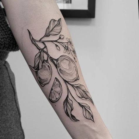 Lemon Tattoo, Botanical Tattoos, Peach Tattoo, Science Tattoos, Berlin Tattoo, Fruit Tattoo, Garden Tattoos, Vegan Tattoo, Crow Tattoo