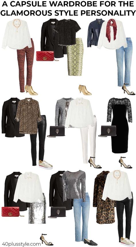 Glamorous style - style guide & capsule wardrobe glamorous personality Glam Style Capsule Wardrobe, Glam Style Women, Glamorous Style Outfits, Dramatic Style Personality, Dramatic Capsule Wardrobe, Glam Capsule Wardrobe, Glam Looks Outfit, Classic Glam Style, Glam Style Outfits