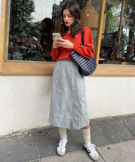 Diana on Instagram: "Texting" Light Grey Skirt, Suede Midi Skirt, Gray Skirt, Sock Shoes, Light Grey, Midi Skirt, Spain, Genuine Leather, Size 4