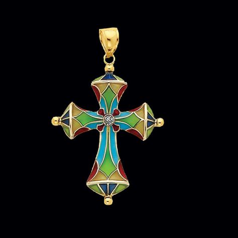 Antique Style Jewelry, Enamel Cross, Sign Of The Cross, Jewish Jewelry, Christian Symbols, Byzantine Art, Stained Glass Designs, Religious Icons, Calming Colors