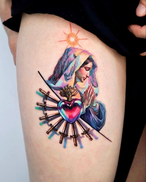 Seven Sorrows Of Mary, Sorrows Of Mary, Mother Mary Tattoos, Catholic Tattoos, Sacred Heart Tattoos, Mary Tattoo, Dandelion Tattoo, Jesus Tattoo, Religious Tattoos