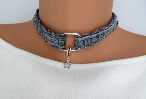 Jeans Jewellery, Denim Choker, Denim Bracelet, Denim Earrings, Denim Crafts Diy, Blue Jeans Crafts, Denim Jewelry, Diamond Cluster Earrings, Fabric Necklace