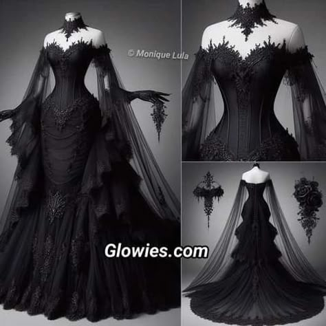 "Discover the beauty of bold elegance in our stunning black wedding dress! 🖤 Embrace individuality and make a statement on your special day with timeless sophistication." Inspired by Gothic Darling. Designer Monique Lula from New Orleans Beautiful Black Gown, Wedding Gothic Dress, Gothic Royalty Aesthetic Dress, Black Aesthetic Wedding Dress, Black Dramatic Dress, Dark Goth Wedding, Black Off The Shoulder Wedding Dress, Black Wedding Dress With Veil, Vampiric Wedding Dress