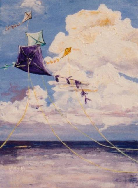 Kites Painting, Sea Illustrations, Painted Pictures, Inspiring Artwork, Sea Illustration, Go Fly A Kite, Miniature Paintings, Kite Flying, Art Painting Gallery