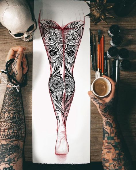 from paper to..... Thigh Sleeve Tattoo, Back Of Leg Tattoos, Backpiece Tattoo, Catrina Tattoo, Full Leg Tattoos, Neotraditional Tattoo, Girl Back Tattoos, Girls With Sleeve Tattoos, Tattoos Mandala