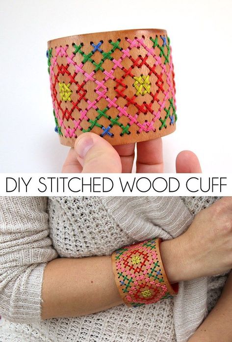 DIY Stitched Wood Cuff - Dream a Little Bigger Olympic Crafts, Diy Jewelry Making Tutorials, Crafty Creations, Fashion Diy, Cross Stitch Patterns Free, Free Cross Stitch, Jewelry Making Tutorials, Cool Diy Projects, Handmade Bracelet