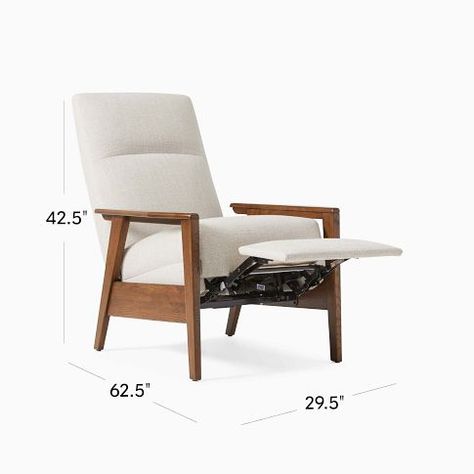 Mid-Century Show Wood Recliner | West Elm West Elm Recliner Chair, Wooden Recliner Chair, Small Recliner Chairs, Mid Century Modern Recliner, Modern Recliner Chairs, Small Recliners, Modern Accent Chairs, Sugar Bush, Metal Outdoor Furniture