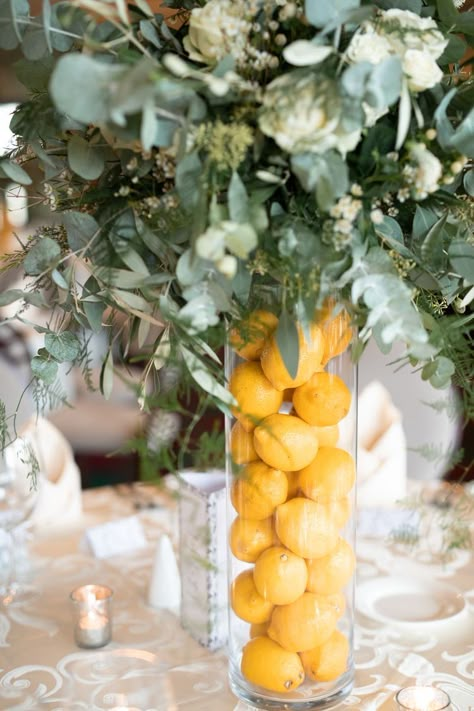 Lemon Tree Wedding Decor, Lemon And Sage Wedding, Lemon Decoration Wedding, Wedding Decoration Lemon, Sage Green And Lemon Wedding, Lemon Decor Wedding, Italian Wedding Shower Ideas, Sicily Wedding Theme, Lemon Centrepiece