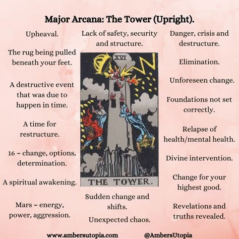 The Tower, in upright position from the Major Arcana suit in the tarot deck and its meanings, including the astrology and numerology meanings.

#TheTower #MajorAcarna #TarotCardMeanings #Tarot The Tower In Reverse Tarot Meaning, Tower In Reverse Tarot, Tower Tarot Meaning Reversed, The Tower Tarot Meaning Reversed, Major Arcana Reversed Meanings, Temprence Tarot Meaning, The Tower Reversed Meaning, The Tower Reversed, The Tower Tarot Meaning