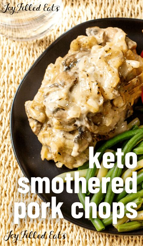 My baked Keto Smothered Pork Chops recipe has tender baked pork chops smothered with caramelized onions and mushrooms in a creamy sauce with hints of rosemary. This easy pork chops recipe is rich and creamy despite being dairy free. Tender Baked Pork Chops, Smothered Pork Chops Crock Pot, Trim Healthy Mama Recipes Dinner, Smothered Pork Chops Recipe, Caramelized Onions And Mushrooms, Keto Pork, Mushroom Pork Chops, Low Carb Pork, Smothered Pork