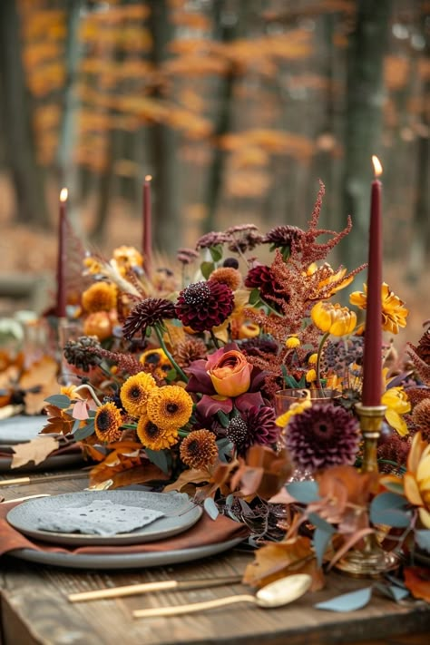 Discover the charm of autumn weddings with centerpieces that celebrate the season's warmth 🍁✨. Infuse your special day with the coziness of fall, featuring shades of burnt orange, deep burgundy, and golden yellow in elegant displays. Perfect for couples who love the natural beauty of fall! #FallWedding #WeddingInspiration #AutumnColors #WeddingDecor #CenterpieceIdeas #TableDecor #WeddingPlanning #AutumnWedding Plum And Burnt Orange Wedding, Burnt Orange And Plum Wedding, Orange And Plum Wedding, Elegant Fall Wedding Centerpieces, Burgundy And Orange Wedding, Burgundy And Burnt Orange Wedding, Green Fall Weddings, Fantasy Birthday, Shades Of Burnt Orange