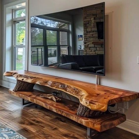 Table Made Of Wood, Rustic Tv Table, Live Edge Tv Stand, Natural Wood Tv Stand, Live Edge Shelves, Wood Entertainment Center, Wood Table Design, Diy Tv Stand, Live Edge Furniture