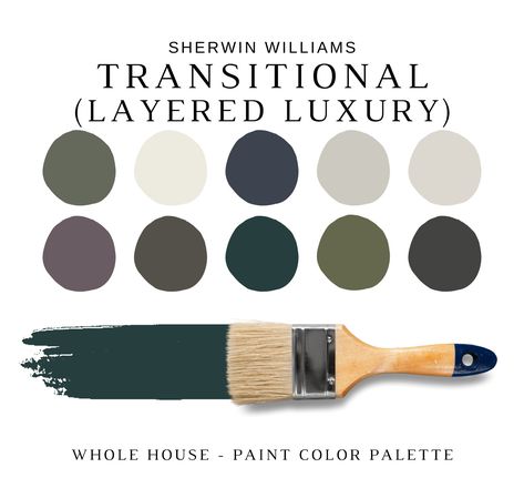 The PDF contains EVERYTHING you need to KNOW about Sherwin Williams TRANSITIONAL Paint Colors! It includes a list of 16 complementary Sherwin Williams TRANSITIONAL Paint Colors that complement each other. This is a PREPACKAGED Color Palette Selection Listing that includes the Sherwin Williams complementary color recommendations for walls, ceilings, trims, moldings, doors, and window frames - for your WHOLE HOUSE. NOTE: This LISTING is MORE than color palette suggestions! This is a *digital downl Transitional Paint Colors, Iron Ore Sherwin Williams, Color Palette Sherwin Williams, Color Palette Modern, Material Color Palette, Sherwin Williams Color Palette, Color Consultation, Transitional Interior Design, Color Combinations Paint