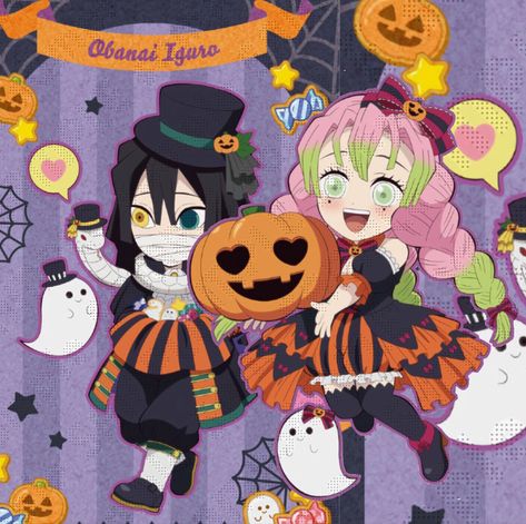 Obanai And Mitsuri Halloween, Kny Halloween Matching Pfp, Mitsuri Halloween Pfp, Kny Halloween Pfp, Demon Slayer Halloween Pfp, Halloween Mitsuri, Mitsuri Halloween, Obanai Chibi, Halloween Matching Pfps