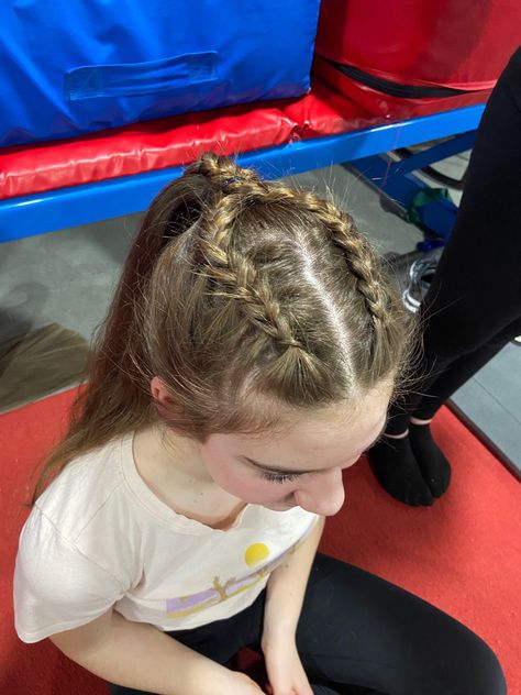 Hairstyles For Taekwondo, Taekwondo Hairstyles, Braids Into A Ponytail, Gymnastics Meet Hair, Dance Competition Hair, Two Dutch Braids, Taekwondo Girl, Competition Hair, Gymnastics Competition