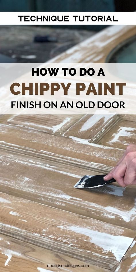 Get a chippy paint finish when using this technique without all the flaking of an authentic aged paint. This old door never looked better... try this DIY now!  #chippypaint #chippypainttechnique #tutorial #diyfarmhouse #diyprojects Restore Old Doors, How To Chippy Paint Diy, How To Make A Door Look Antique, Pantry Door Makeover, Farmhouse Style Pantry, Chippy Paint Technique, Distressed Doors, Distressed Kitchen, Vintage Furniture Makeover