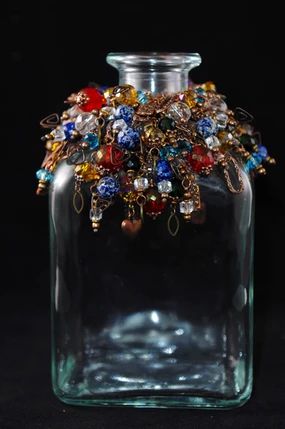 Gallery Beaded Jars, Beaded Bottles, Upcycled Jars, Memory Jugs, Apothecary Jars Decor, Jar Decoration, Glass Bead Crafts, Bead Bottle, Old Jewelry Crafts