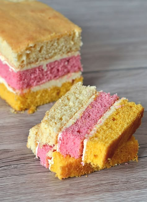 Angel Cake. The classic layer sponge loaf. Pink, yellow and plain, sandwiched together with buttercream. Tray Bake Cakes, Easy Bakes, Loaf Cake Recipes, Loaf Cakes, Slice Of Cake, Sponge Cake Recipes, Angel Cake, Beautiful Birthday Cakes, Big Cakes