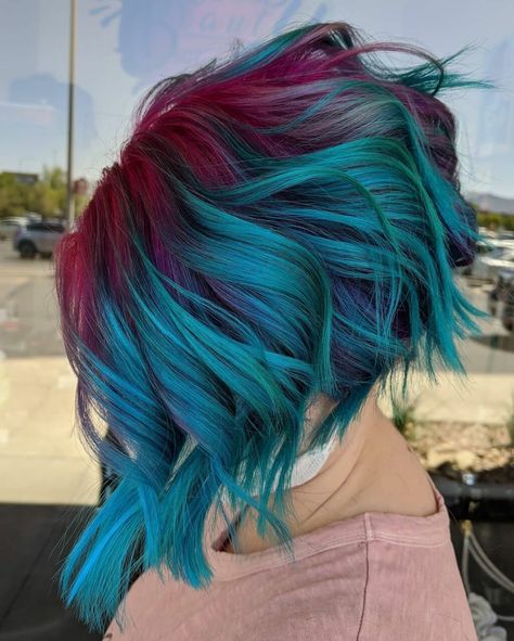 Hair Color Placement, Short Purple Hair, Color Block Hair, Wild Hair Color, Half Shaved Hair, Half Shaved, Vivid Hair Color, Bold Hair Color, Teal Hair