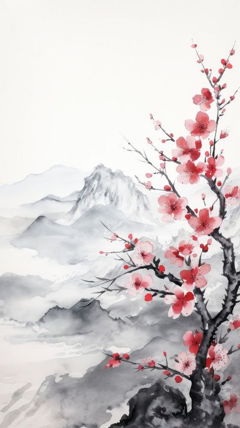 Plum blossom on the mountain range painting flower plant | premium image by rawpixel.com / north Mountain Range Painting, Plum Blossom Painting, Iphone Wallpaper Texture, Asian Flowers, Painting Flowers Tutorial, Zen Painting, Vintage Paper Background, Japan Painting, Chinese Landscape Painting