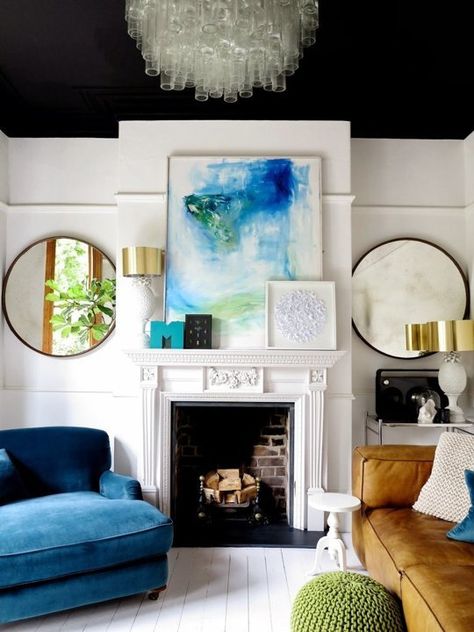 Remodelaholic | Decorating With Black: 13 Ways To Use Dark Colors In Your Home Best Ceiling Paint, Magazine Feature, Blue Couches, Decor Ikea, Design Blogs, Mirror On The Wall, Black Ceiling, Painted Ceiling, Eclectic Interior