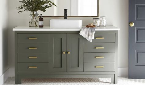 Step Stool Green is a lively, deep olive. It is one of 150 colors from Magnolia Home Paint. Find the shade that brings imagination to your life. Magnolia Home Paint, Magnolia Homes Paint, 48 Inch Bathroom Vanity, 36 Inch Vanity, Cultured Marble Vanity Top, Gray Vanity, Marble Vanity, Marble Vanity Tops, Cultured Marble