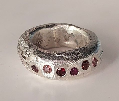 Cuttlebone cast silver ring with garnets and rhodolites. Chunky Ring With Stone, Rustic Silver Jewelry, Clay Ring, Organic Textures, Silver Clay, Chunky Rings, Favorite Rings, Recycled Sterling Silver, Stone Rings