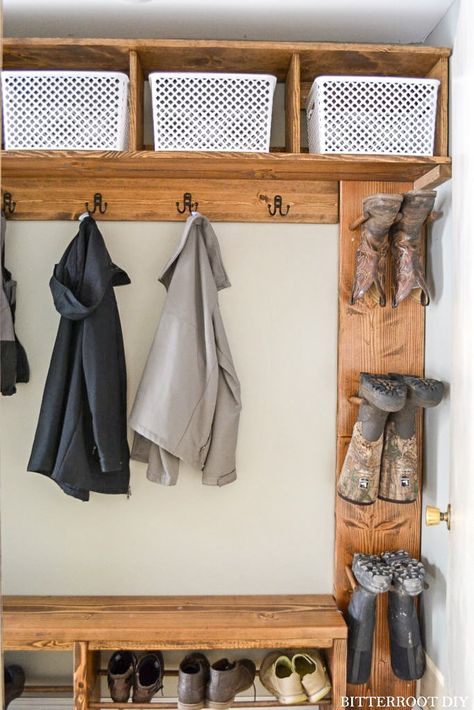 DIY Mudroom Storage Cubbies Makeshift Mudroom, Diy Mudroom Storage, Diy Building Projects, Garage Entrance, Mudroom Storage, Storage Cubbies, Diy Mudroom, Room Storage Diy, Add Character To Your Home