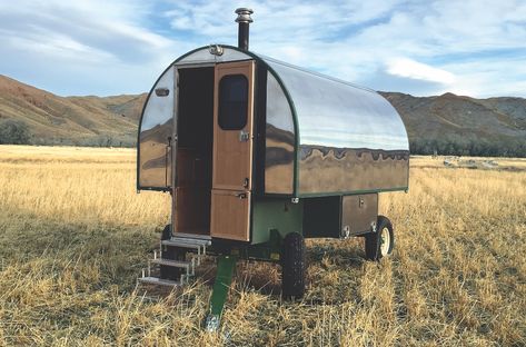 Tiny House Living in a Luxury Sheep Wagon - Mountain Living Sheep Wagon, Rv Vintage, Douglas Fir Flooring, Entry Stairs, Stainless Sink, Best Trailers, Tiny House Trailer, Jet Age, Camp Style