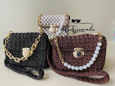 Belleza and Gia Crochet Bags Crafted and crocheted from 2mm polypropylene nylon or tiny cord Pattern by: Fritzie Made Crochet Bags, Nylon Bag, Crochet Bag, Made It, Gold Chain, Crochet Projects, Gold Chains, Bags Designer, Crochet Patterns