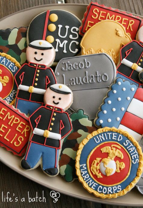 Usmc Cookies, Marine Cookies, Military Send Off Party Ideas, Marine Corps Retirement, Marine Cake, Deployment Party, Marines Boot Camp, Cookie Assortment, Military Retirement Parties