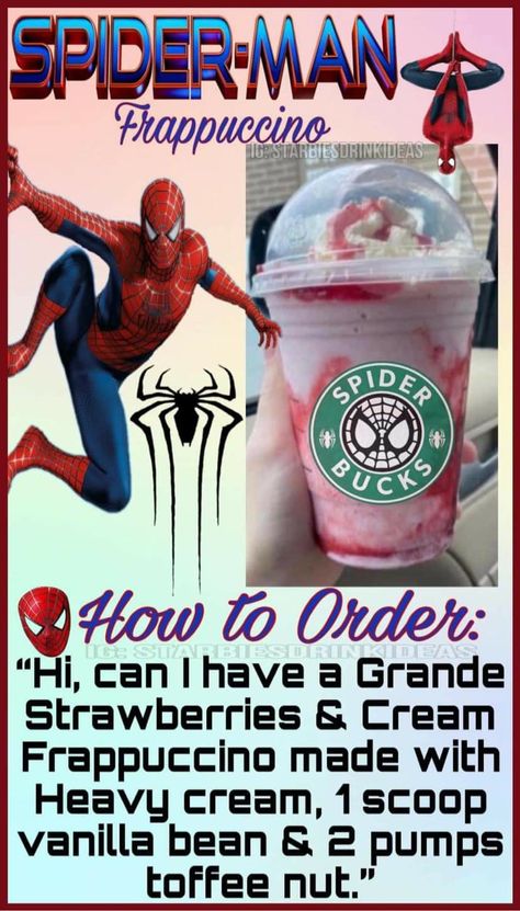 Spider Man Starbucks Drink, Spiderman Starbucks Drink, Marvel Starbucks Drinks, Starbucks Drinks Characters, Starbucks Drinks Disney, Disney Starbucks Drinks, Special Starbucks Drinks, Starbucks Halloween Drinks, Starbies Drinks