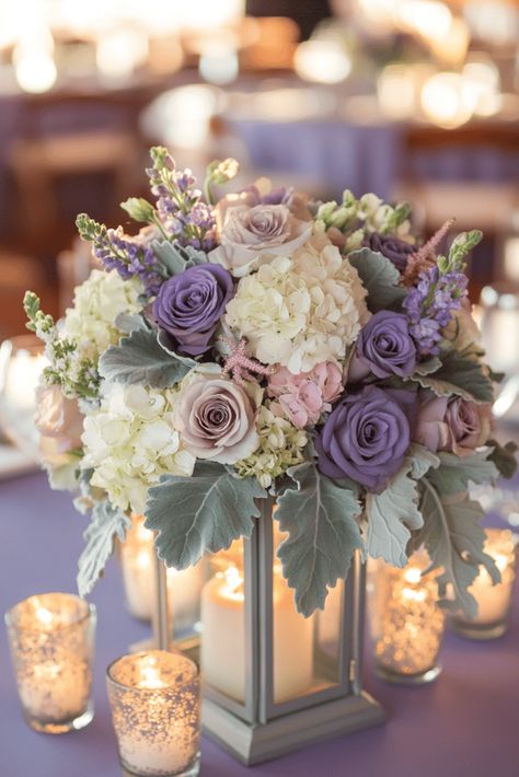 Purple Flower Candle Centerpieces, Lavender Mauve Wedding, Lavender Blush And Sage Wedding, Lilac And Greenery Wedding, Lavender Green And Gold Wedding, Centerpieces Wedding Lavender, Lavender Wedding Table Centerpieces, Pastel Enchanted Forest Theme, Wedding Color Scheme Lavender