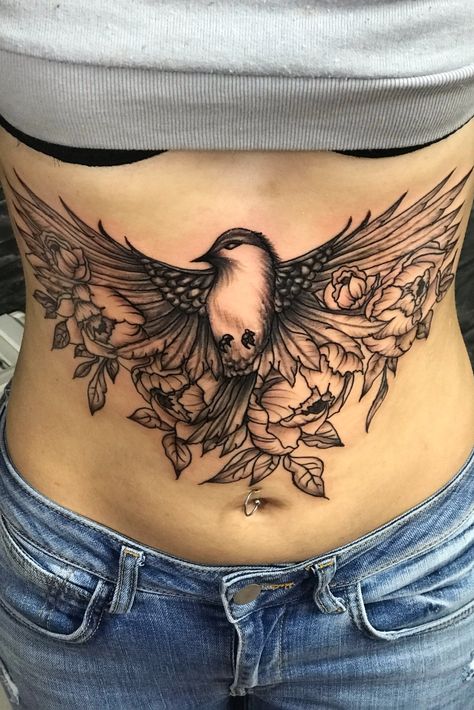 Tattoo uploaded by Kim Bailey | Floral bird #bird #birdtattoo #peonies #peony #blackwork #blackworktattoo #linework #greywash #floraltattoo #feathers #feathertattoo #kimbaileytattoos | 913425 | Tattoodo Meaningful Stomach Tattoos, Stomach Tatoo, Stomach Tattoos For Women, Lower Belly Tattoos, Abdomen Tattoo, Lower Stomach Tattoos, Tummy Tattoo, Stomach Tattoos Women, Belly Tattoos