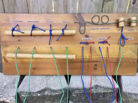 Knot Board for Boy Scouts includes the 7 basic scout knots with practice cords. Knot Tying Practice Board, Knot Board Scout, Scout Knots Board, Knot Tying Board, Knot Tying Station, Team Building Activities For Kids, Building Activities For Kids, Knot Board, Scout Knots