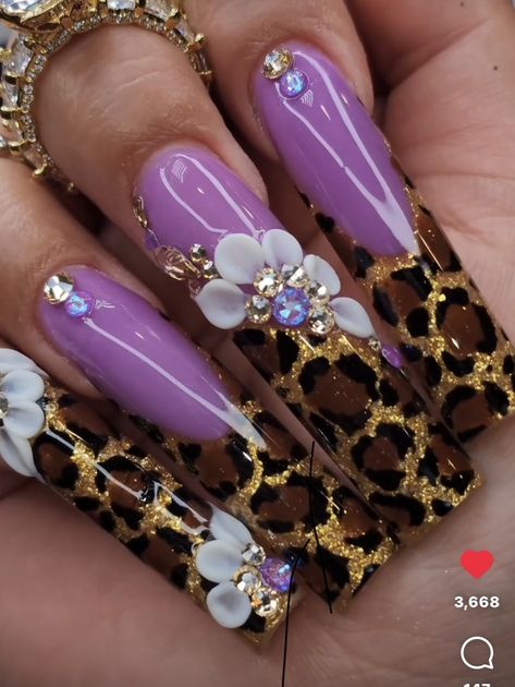 Long Fun Nails, Long Nail Art Designs, Purple Leopard Print Nails, Rhinestone Nail Placement Ideas, Colourful Acrylic Nails, Nail Designs Bling, Stilleto Nails Designs, Swarovski Nails, Long Nail Designs