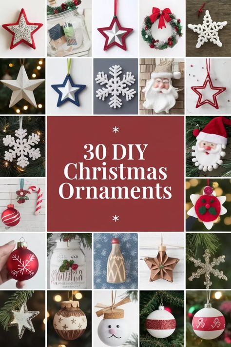 30 DIY Christmas ornaments displayed in a collage, including wreaths, stars, snowflakes, Santa, and various handcrafted decorations. Quick And Easy Christmas Ornaments To Make, Heart Christmas Ornaments Diy, Easy Handmade Ornaments Christmas, Christmas Ornaments Homemade Paper, Lace Christmas Ornaments Diy, Tying Ribbon On Ornaments, Ribbon Christmas Ornaments Diy, Homemade Name Ornaments, Easy Holiday Ornaments