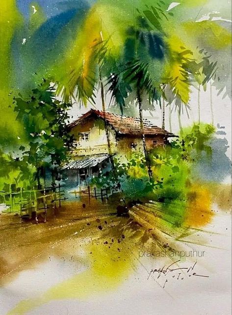 Art by Prakashan Puthur Prakashan Puthur Watercolor, Canvas Art Christmas, Watercolor Scenery Painting, Loose Watercolor Paintings, African Life, Drawing Scenery, Watercolor Scenery, Transparent Watercolor, Scenery Painting