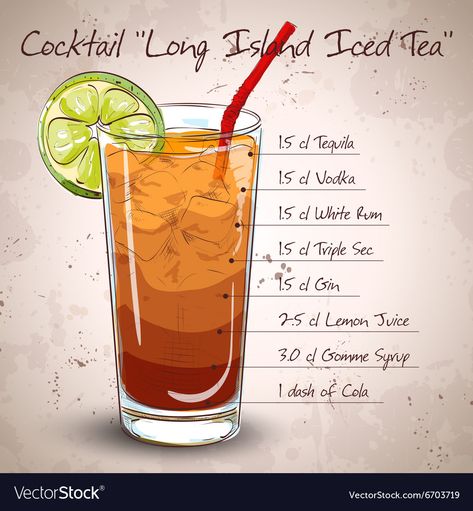 Cocktail Long Island Iced Tea Royalty Free Vector Image Long Island Recipe, Long Island Cocktail, Long Island Iced Tea Recipe, Long Island Tea, Long Island Iced Tea Cocktail, Iced Tea Cocktails, Iced Tea Recipe, Yummy Alcoholic Drinks, Iced Tea Recipes