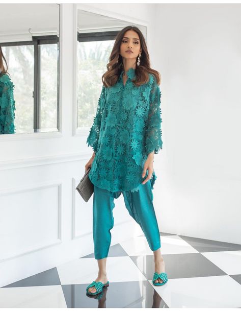 Lace Co Ord Sets, Hakoba Dress, Malaysian Fashion, Cutwork Dress, Organza Dresses, Cutwork Lace, Dress Over Pants, Cord Dress, Designer Kurta