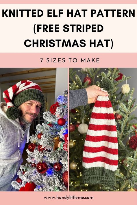 Christmas Knitting Hat, Loom Knit Elf Hat Pattern Free, Loom Knit Elf Hat, Stocking Cap Knitting Pattern, Loom Knitting Christmas Projects, Knit Stocking Cap Pattern Free, Christmas Tree Hat Knitting Pattern, Elf Hat Pattern, Knit Santa Hat