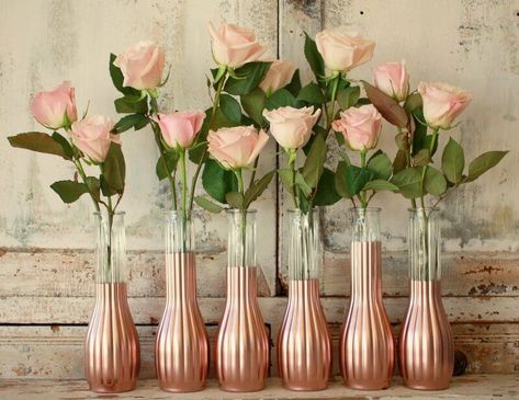 Splendid Pink Roses in Almost Matching Vases Blush Ideas, Wedding Rose Gold Theme, Rose Gold Vase, Gray Decor, Rose Birthday, Rose Gold Theme, Table Flower Arrangements, Rose Gold Decor, Vase Collection